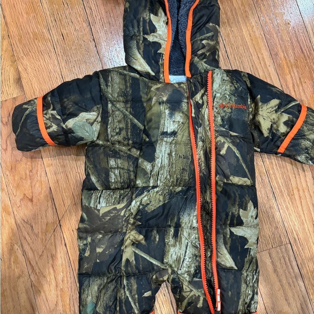 Columbia Camo Baby Snowsuit with Orange Accents